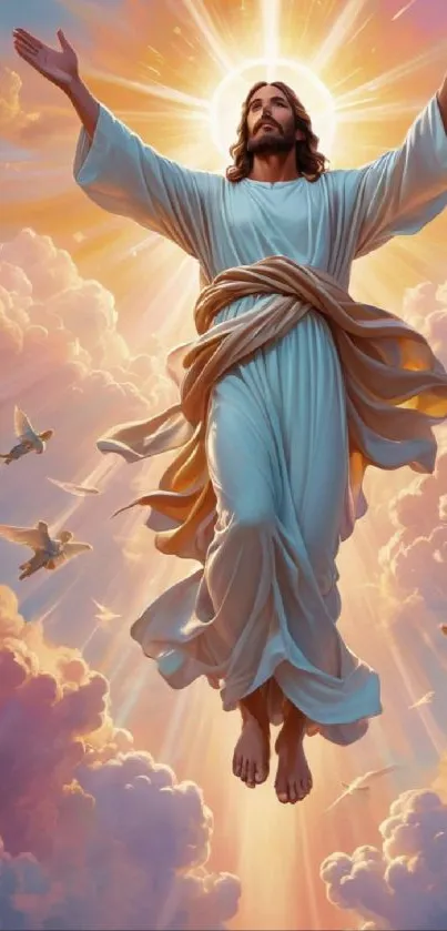 Ascendant figure in the clouds with radiant light and doves, spiritual wallpaper.