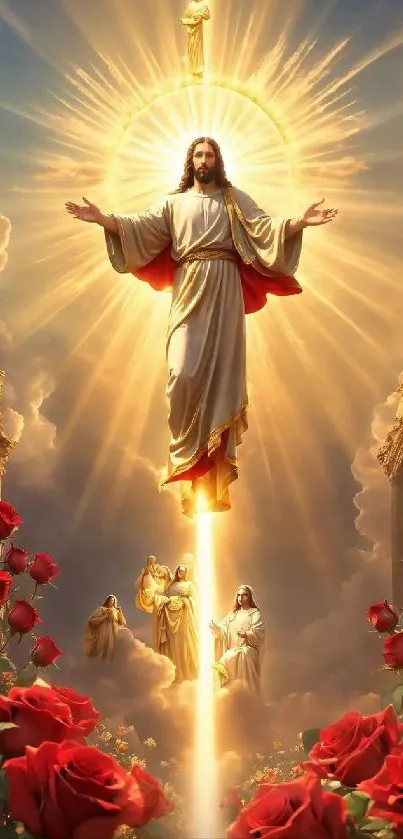 Heavenly ascension artwork with rays of divine light.