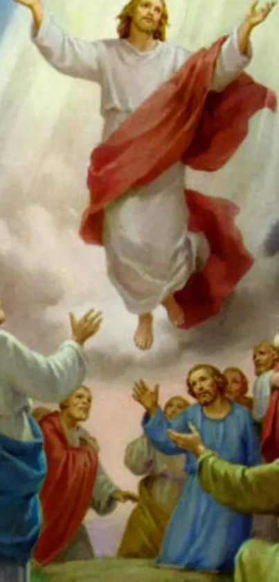 Artwork of a heavenly ascension with figures below in prayer.