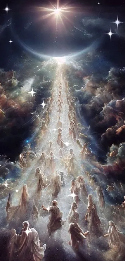 Ethereal figures ascend through clouds towards a radiant star in the night sky.