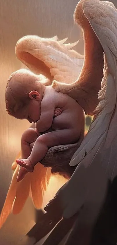 A peaceful baby angel resting on wings, bathed in soft divine light.