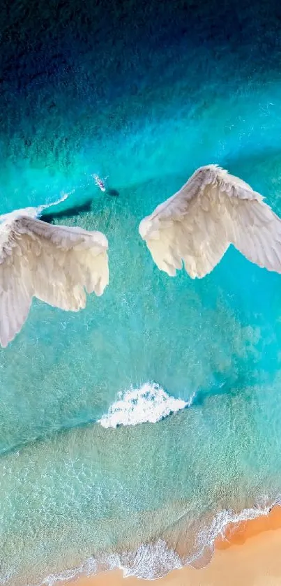 Mobile wallpaper featuring ethereal wings over a turquoise beach scene.