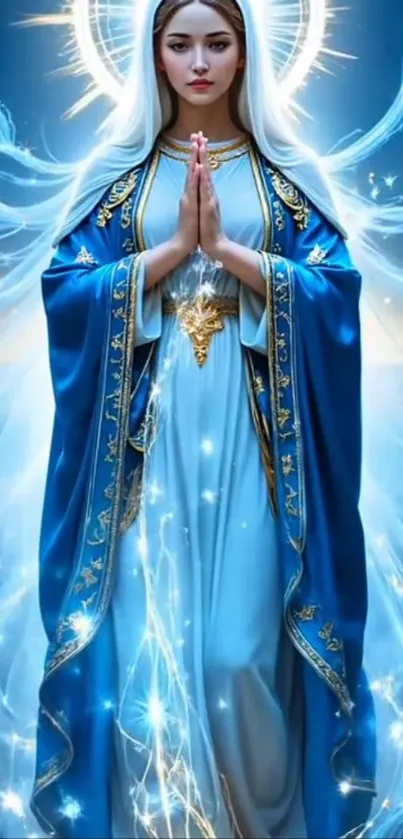 Blue-robed angelic figure radiates celestial light.