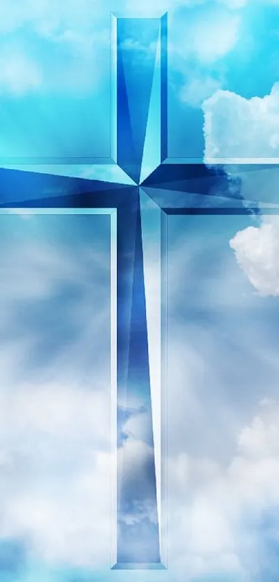 Heavenly blue cross against a cloudy sky, symbolizing peace.