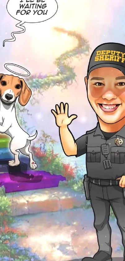 Cartoon sheriff with dog at rainbow bridge scene.