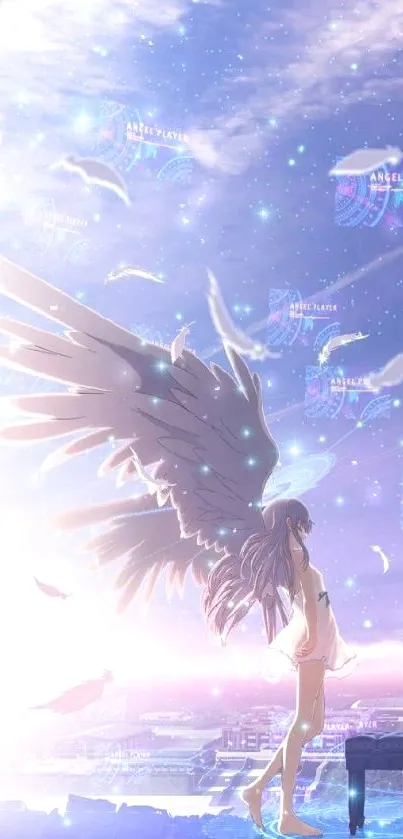 Angelic figure with wings in a celestial purple sky.