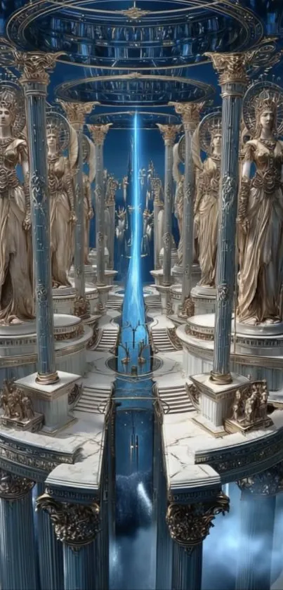 Majestic celestial palace with statues and columns