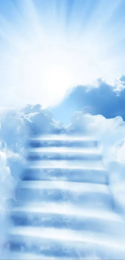 Heavenly staircase ascending through soft white clouds into a radiant blue sky.