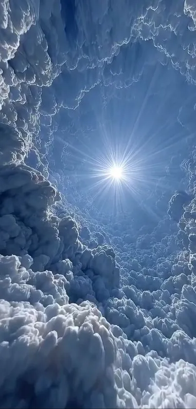 Tunnel of clouds with radiant sky light.