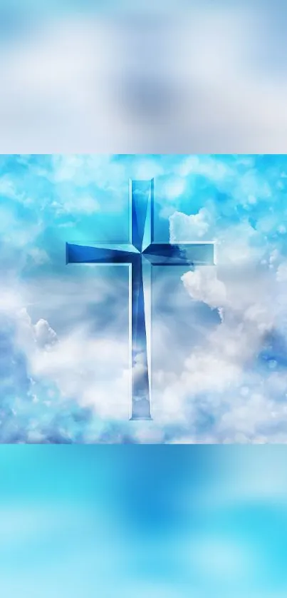 Crystal cross with blue clouds in serene sky wallpaper.