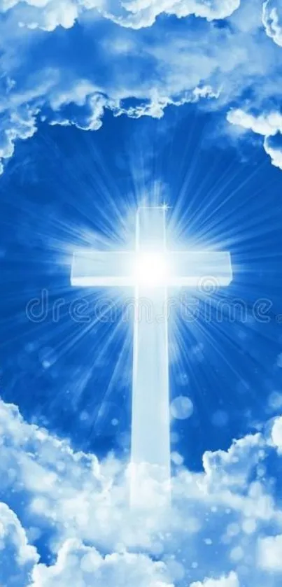 Radiant cross in blue sky with surrounding clouds, exuding peace and spirituality.