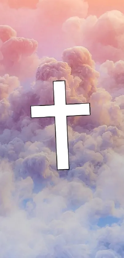 White cross on pastel pink and orange cloudy sky wallpaper.