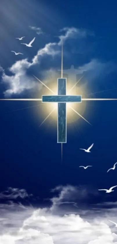 Glowing cross in blue sky with doves and clouds.