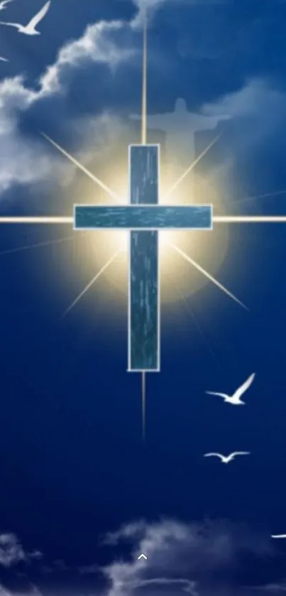 Spiritual cross in a blue sky with white birds, perfect for mobile wallpaper.