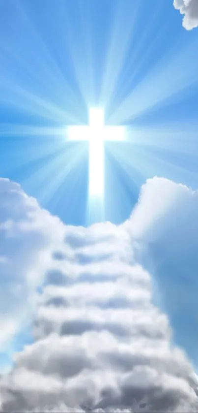 Heavenly cross and clouds mobile wallpaper with radiant light.