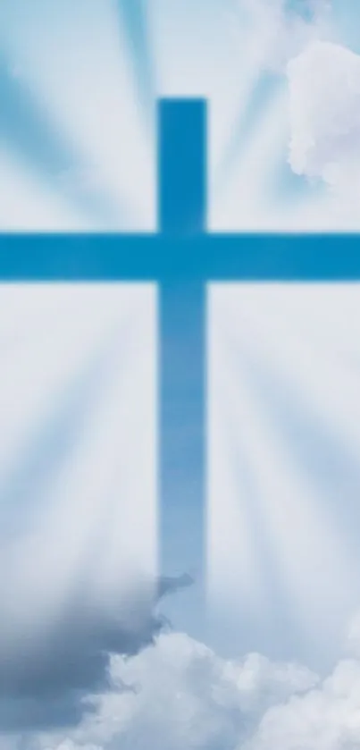 Serene cross with clouds and radiant light background.