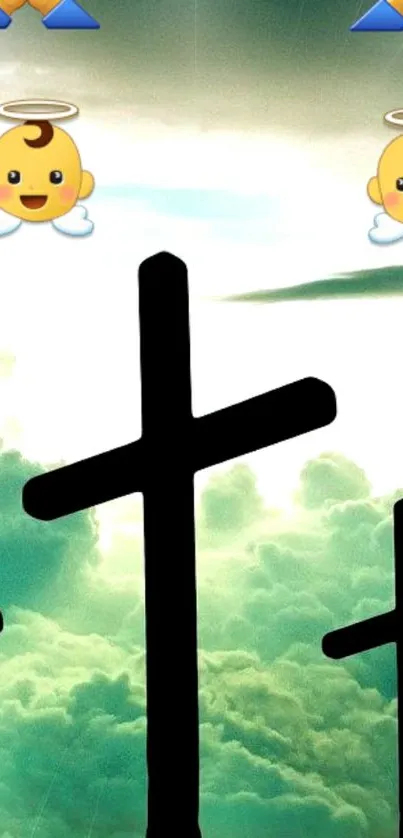 Tranquil wallpaper with crosses and heavenly symbols against teal sky.