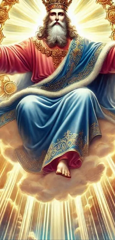 A divine figure in regal robes on clouds, glow.