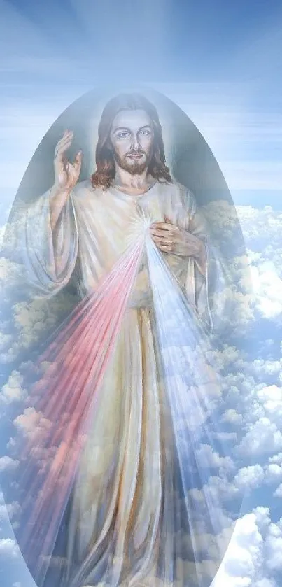 Divine image of Jesus amidst clouds and light, creating a heavenly atmosphere.