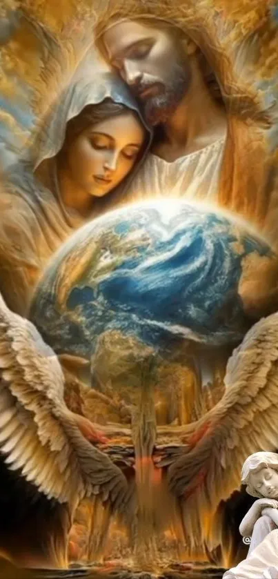 Heavenly embrace art wallpaper featuring angels and earth.