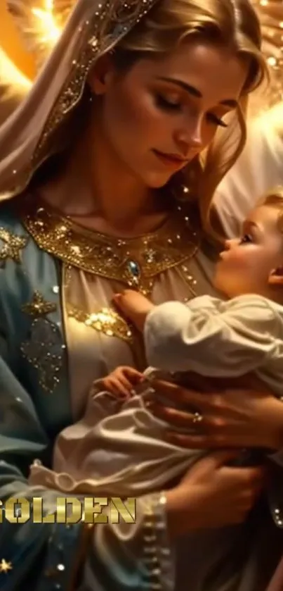 Angelic figure cradling a child bathed in golden light.