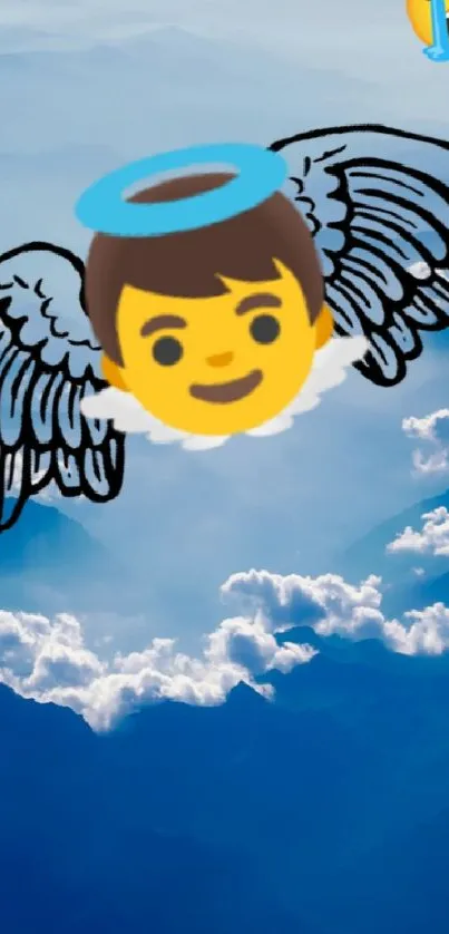 Angel emoji flying over blue mountain range with clear skies.