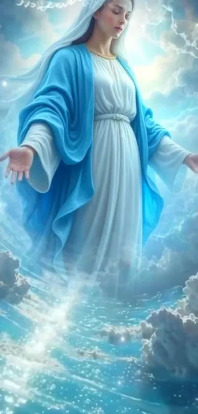 Heavenly figure in blue and white clouds.