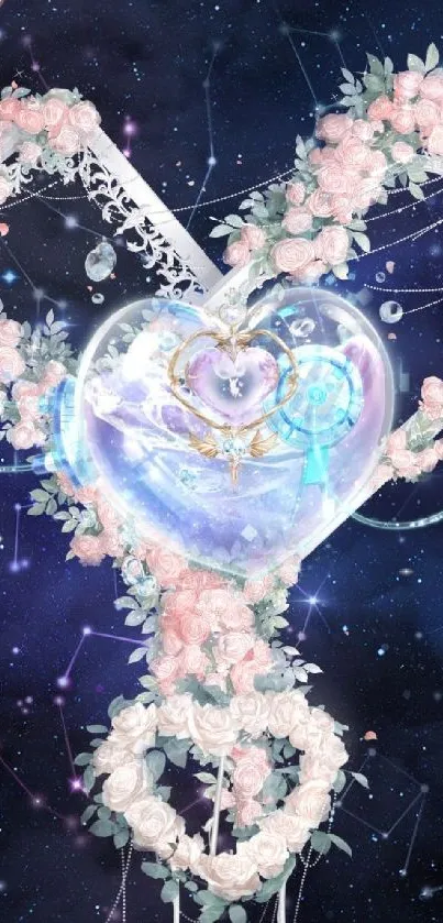 Elegant heart-shaped floral design in galaxy backdrop.