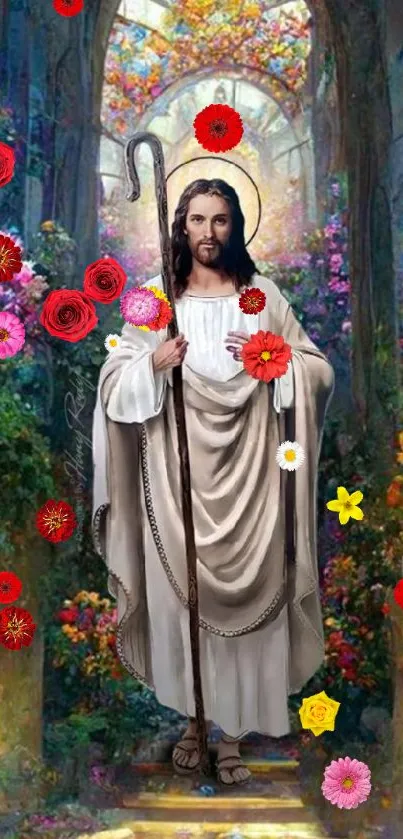 Serene figure in a heavenly garden filled with vibrant flowers.