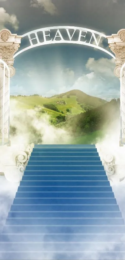 Heavenly gate with stairs amidst clouds in a serene sky.