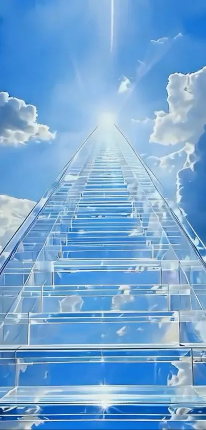 Glass stairway leading into a sky filled with clouds and sunlight.