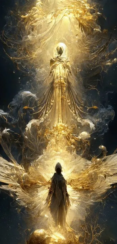 Celestial angel cloaked in ethereal golden light, surrounded by divine wings.