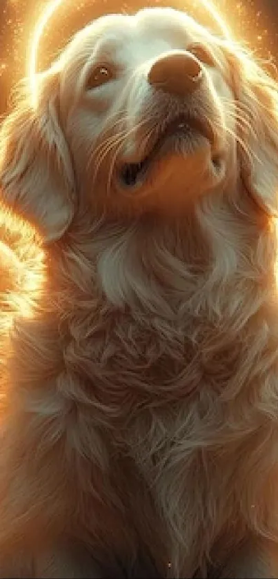 Angelic golden retriever with glowing halo and wings in ethereal portrait.