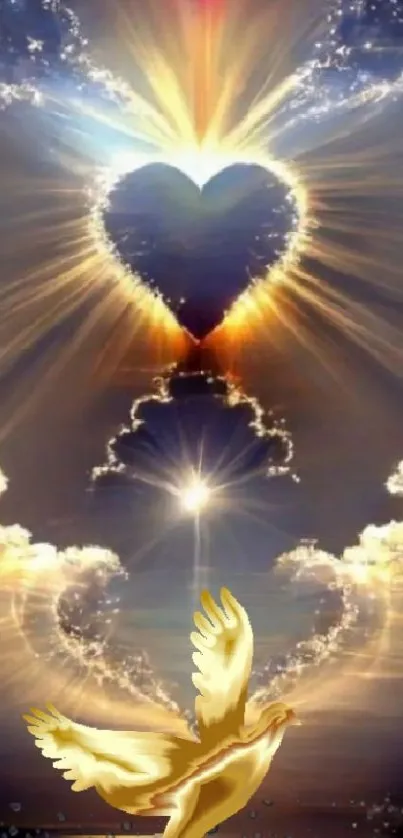 Celestial heart and golden dove in light-filled sky.