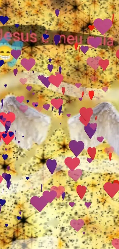 Angel wings with hearts on a golden background.