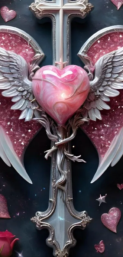 Celestial heart with wings and stars mobile wallpaper.