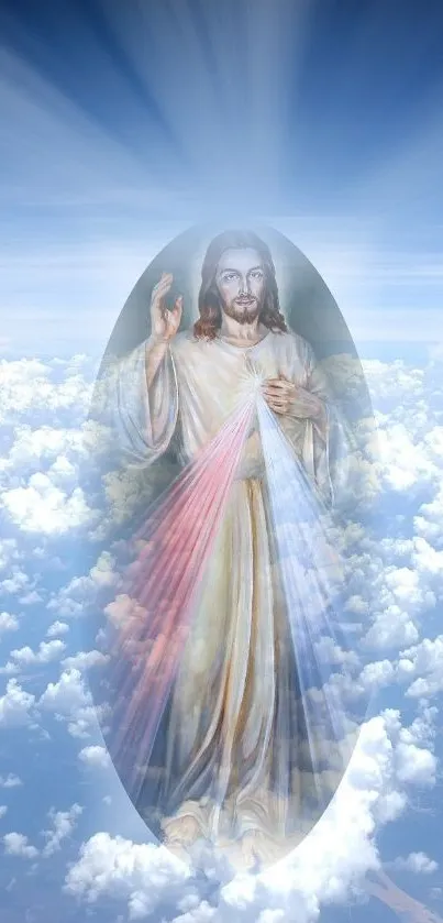 Divine image of Jesus among clouds, radiating light.