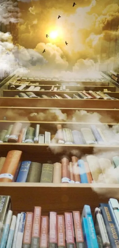 Heavenly library with books and floating clouds at sunset.