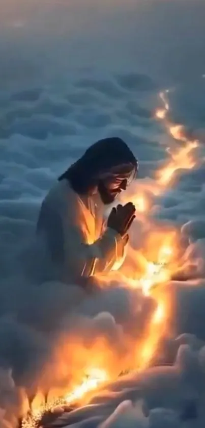 Praying figure among glowing clouds