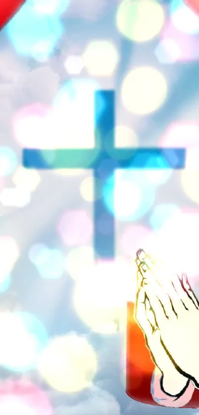 Abstract spiritual wallpaper with cross and praying hands in bokeh light.