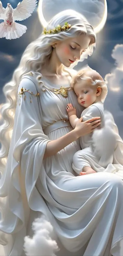 Ethereal mother and child in a celestial setting with white and blue hues.