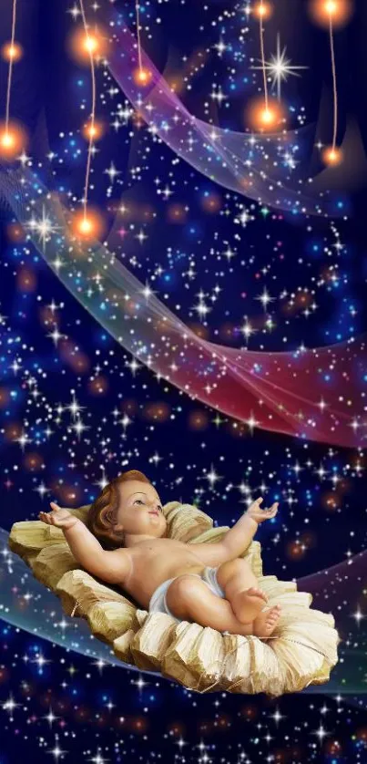 Heavenly night sky with infant and stars.