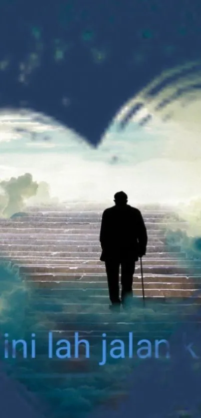 Man walking up cloudy stairway in a heart shape.