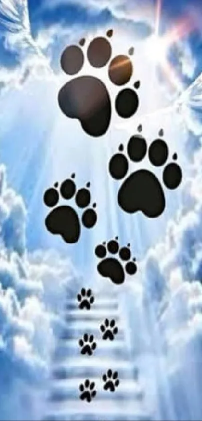 Paw prints ascending through clouds to heaven with angelic light beams.