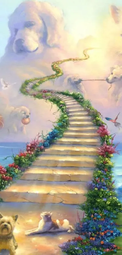 Dreamy landscape with path and pets in clouds by the sea.