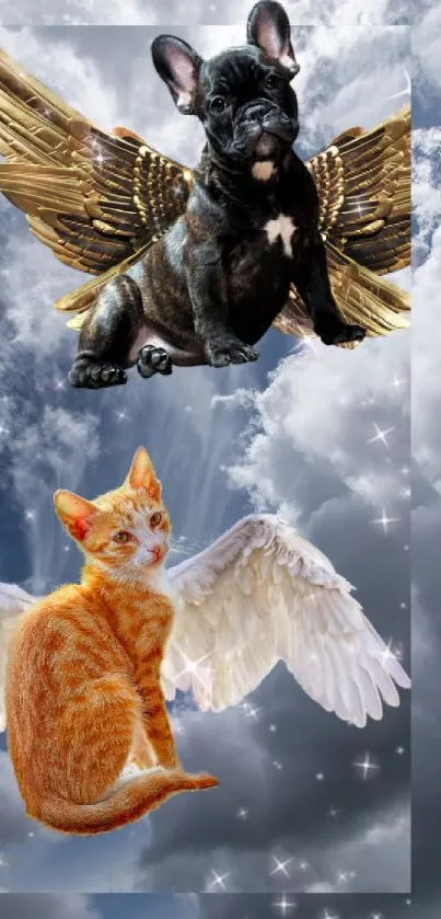 Angelic cat and winged bulldog amid clouds and stars.