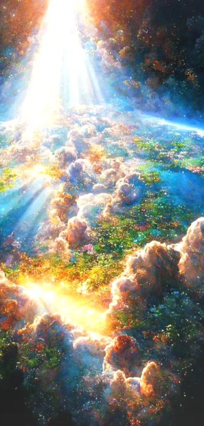 Heavenly light beams through colorful clouds on a stunning cosmic wallpaper.