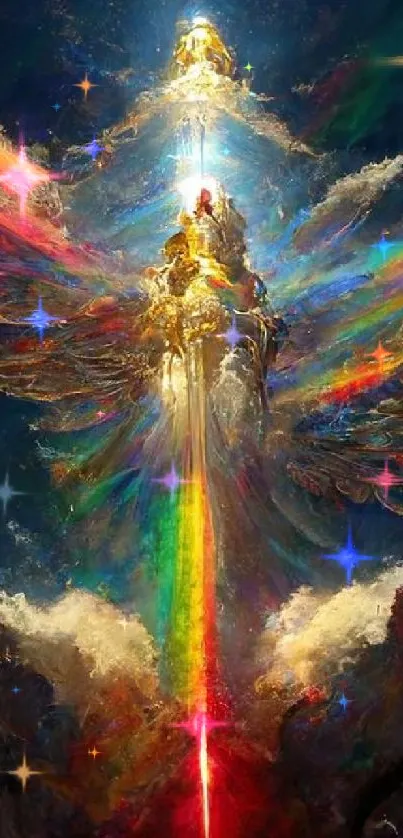 Ethereal angel with rainbow wings in a vibrant sky.