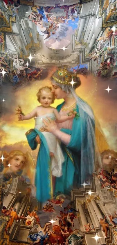 Heavenly Renaissance artwork with Mary and Baby Jesus, featuring celestial figures.