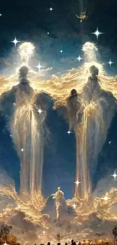 Ethereal angelic figures in a celestial sky with golden and blue hues.